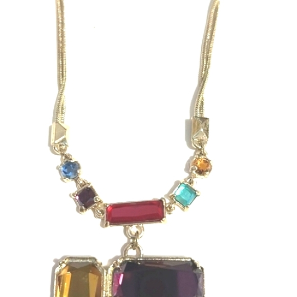 VINTAGE MULTICOLORED RHINESTONE PENDANT DOUBLE SNAKE CHAIN 18-21" NECKLACE - Picture 3 of 12